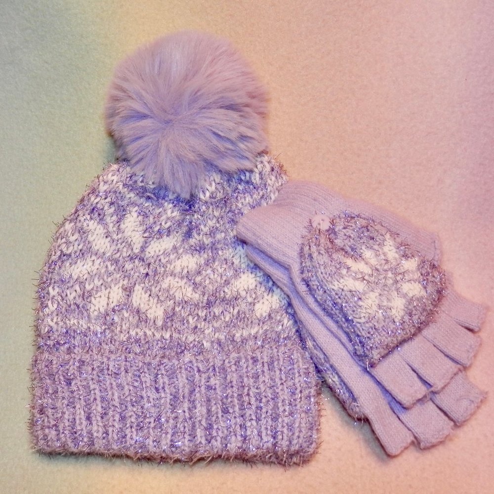 HOLIDAY TIME ADULT SNOWFLAKE TINSEL PURPLE HAT AND GLOVE SET * NEW * ONE SIZE
